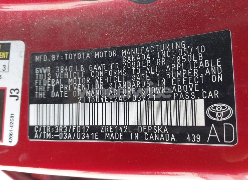 Photo 9 of 2010 Toyota Corolla S (VIN 2T1BU4EE2AC403221)