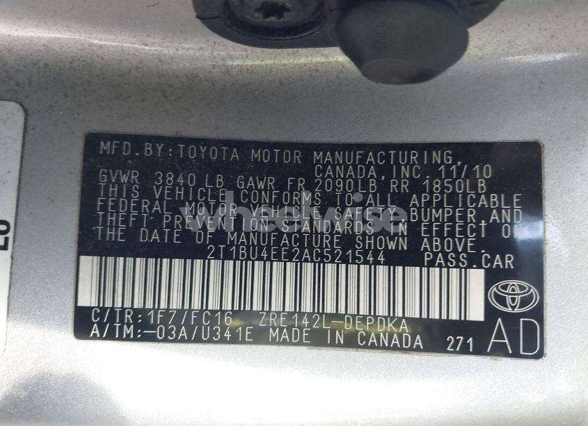 Photo 9 of 2010 Toyota Corolla LE (VIN 2T1BU4EE2AC521544)