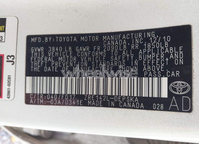 Photo 9 of 2010 Toyota Corolla S (VIN 2T1BU4EE2AC534939)