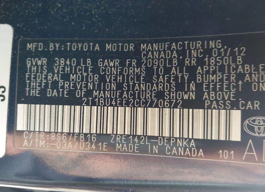 Photo 9 of 2012 Toyota Corolla LE (VIN 2T1BU4EE2CC770672)