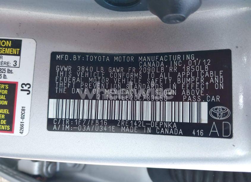 Photo 9 of 2012 Toyota Corolla LE (VIN 2T1BU4EE2CC783650)