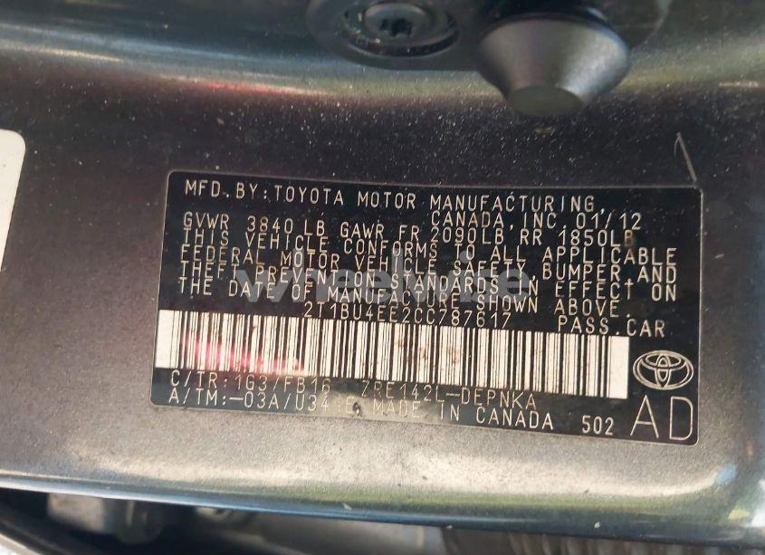 Photo 9 of 2012 Toyota Corolla LE (VIN 2T1BU4EE2CC787617)