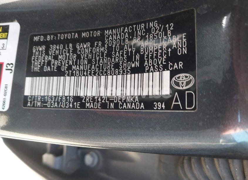 Photo 9 of 2012 Toyota Corolla LE (VIN 2T1BU4EE2CC808935)