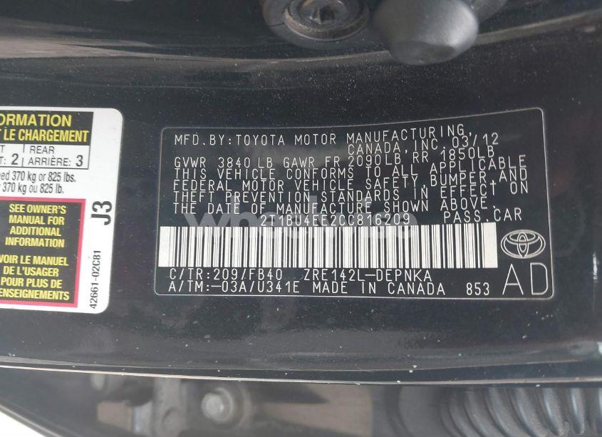 Photo 9 of 2012 Toyota Corolla LE (VIN 2T1BU4EE2CC816209)