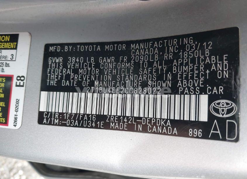 Photo 9 of 2012 Toyota Corolla L (VIN 2T1BU4EE2CC828022)