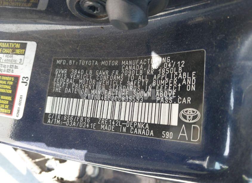 Photo 9 of 2012 Toyota Corolla LE (VIN 2T1BU4EE2CC835553)
