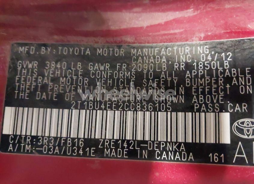 Photo 9 of 2012 Toyota Corolla LE (VIN 2T1BU4EE2CC836105)