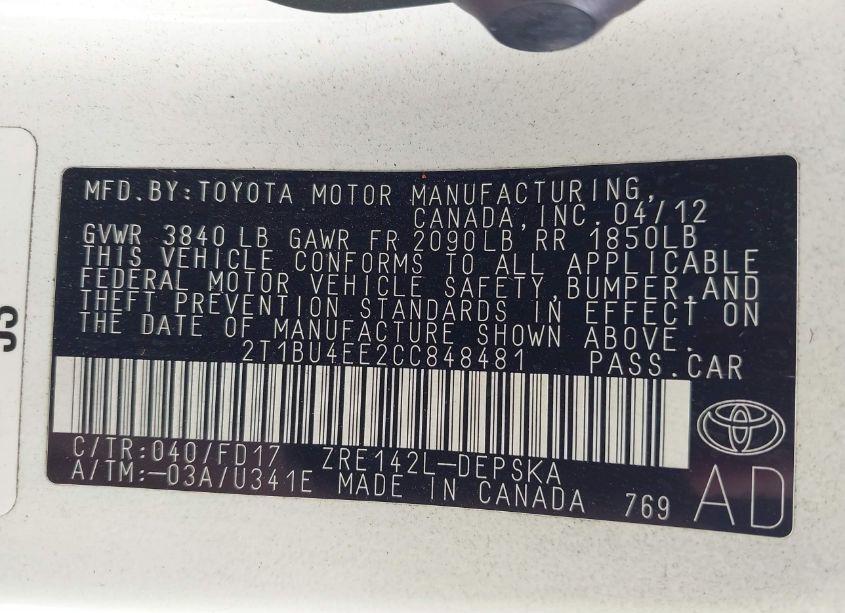 Photo 9 of 2012 Toyota Corolla S (VIN 2T1BU4EE2CC848481)