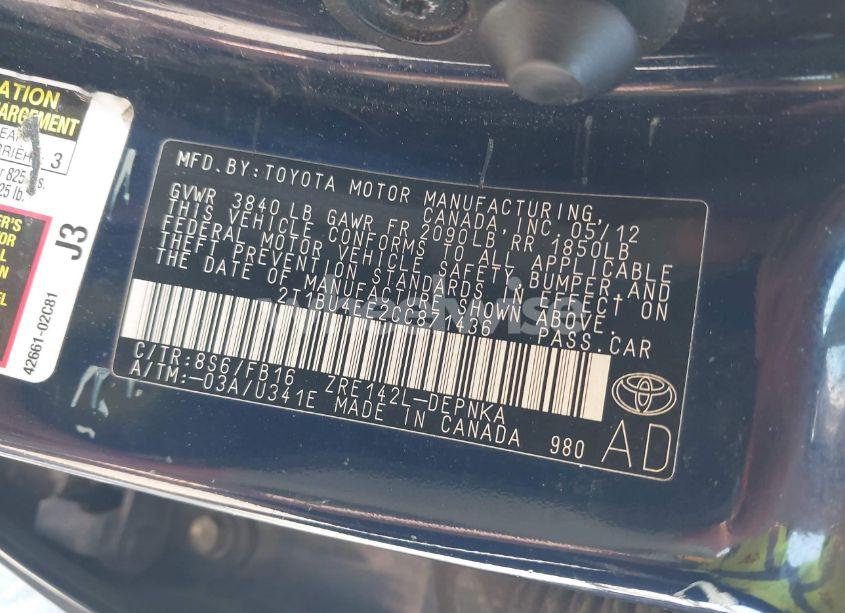 Photo 9 of 2012 Toyota Corolla LE (VIN 2T1BU4EE2CC871436)