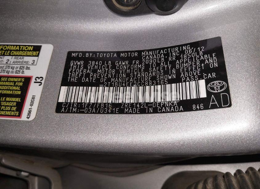 Photo 9 of 2012 Toyota Corolla LE (VIN 2T1BU4EE2CC883165)