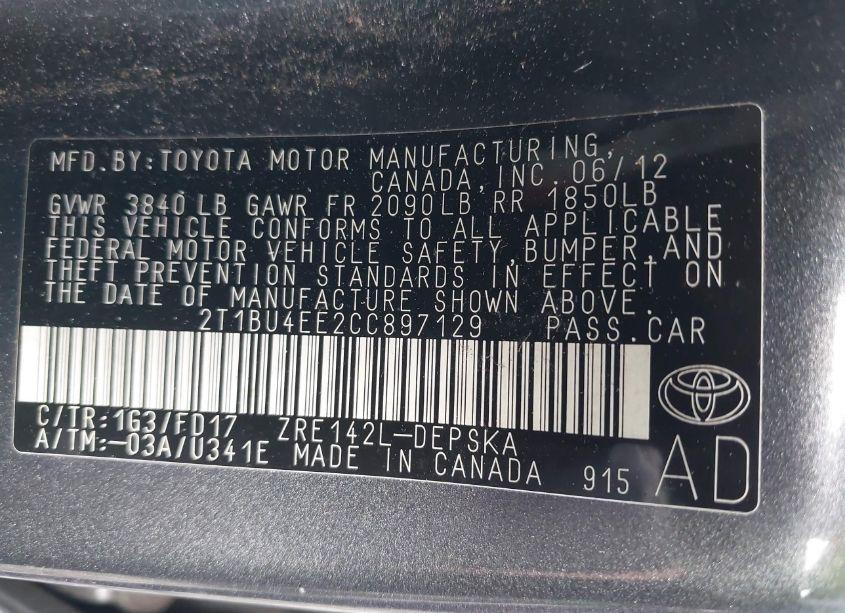 Photo 9 of 2012 Toyota Corolla S (VIN 2T1BU4EE2CC897129)