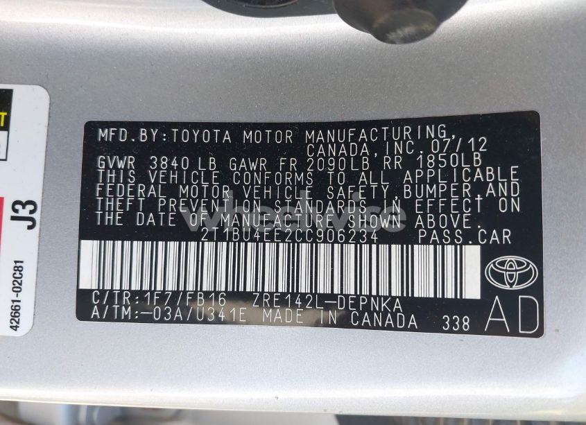 Photo 9 of 2012 Toyota Corolla LE (VIN 2T1BU4EE2CC906234)