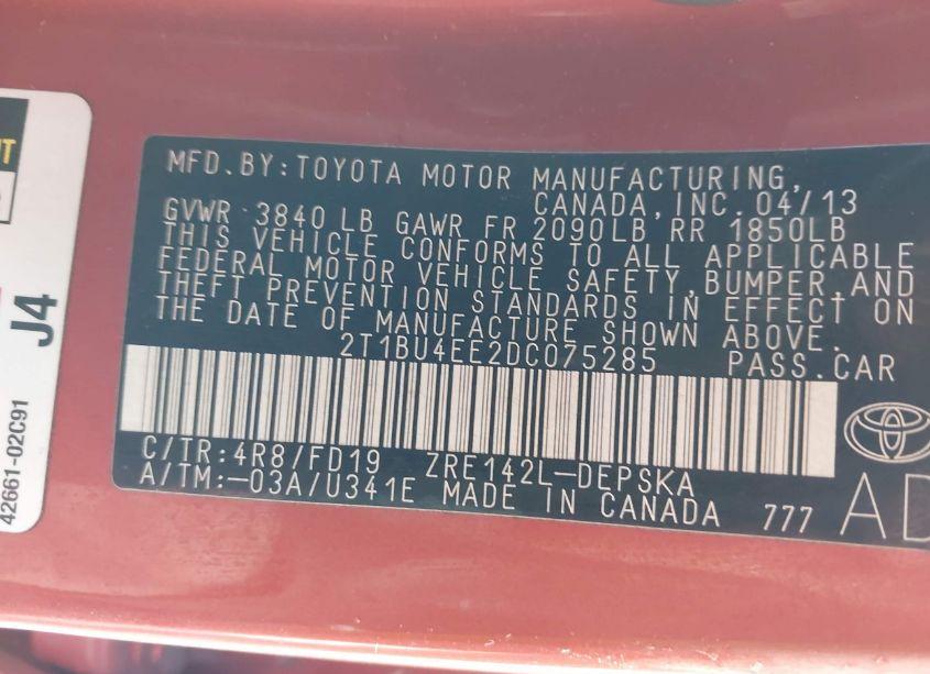 Photo 9 of 2013 Toyota Corolla S SPECIAL EDITION (VIN 2T1BU4EE2DC075285)