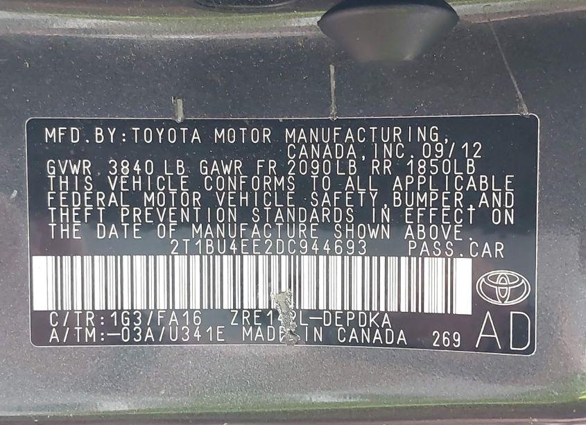 Photo 9 of 2013 Toyota Corolla L (VIN 2T1BU4EE2DC944693)