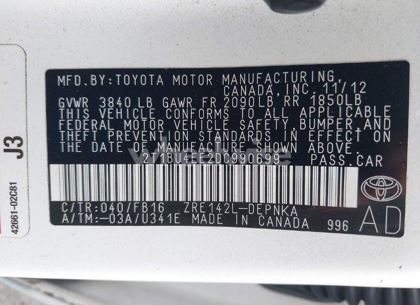 Photo 9 of 2013 Toyota Corolla LE (VIN 2T1BU4EE2DC990699)