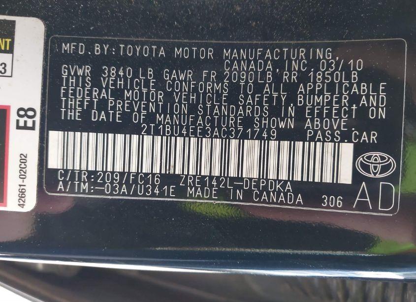 Photo 9 of 2010 Toyota Corolla LE (VIN 2T1BU4EE3AC371749)