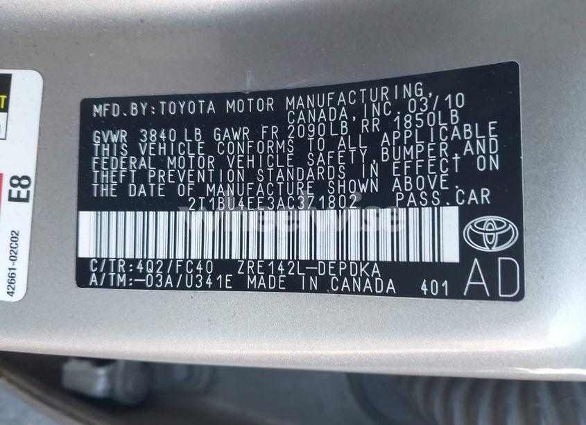 Photo 9 of 2010 Toyota Corolla LE (VIN 2T1BU4EE3AC371802)