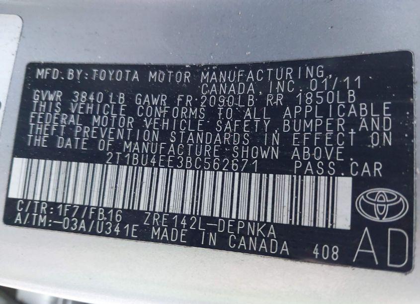 Photo 9 of 2011 Toyota Corolla LE (VIN 2T1BU4EE3BC562671)