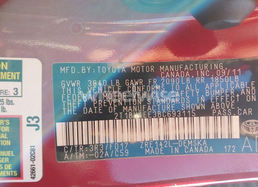 Photo 9 of 2011 Toyota Corolla S (VIN 2T1BU4EE3BC693115)