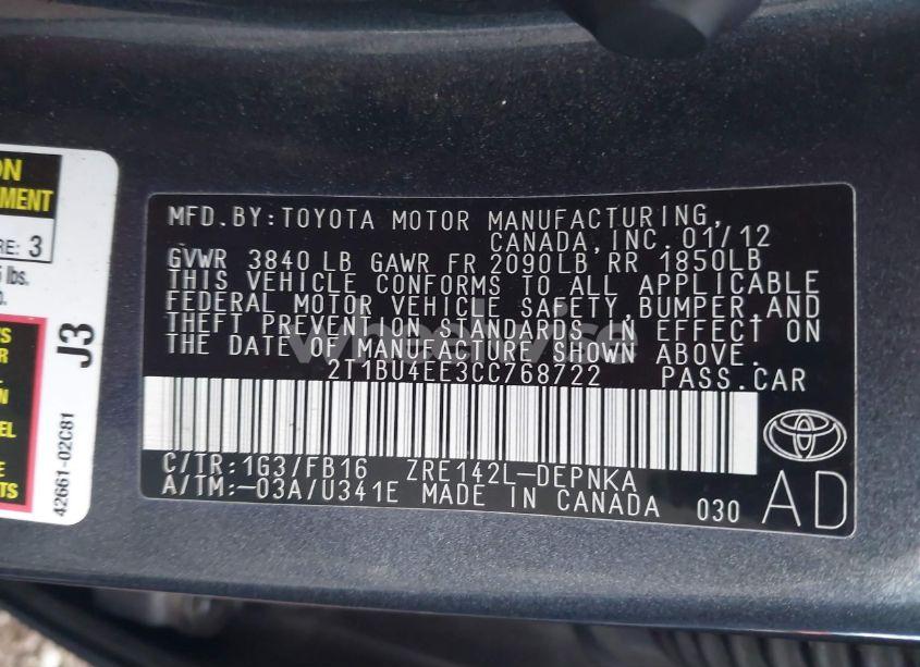 Photo 9 of 2012 Toyota Corolla LE (VIN 2T1BU4EE3CC768722)