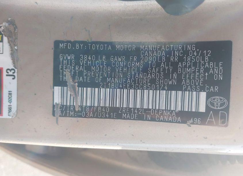 Photo 9 of 2012 Toyota Corolla LE (VIN 2T1BU4EE3CC850174)