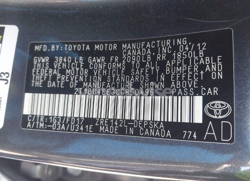 Photo 9 of 2012 Toyota Corolla S (VIN 2T1BU4EE3CC850496)