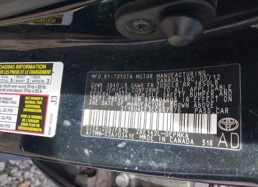 Photo 9 of 2012 Toyota Corolla LE (VIN 2T1BU4EE3CC867976)