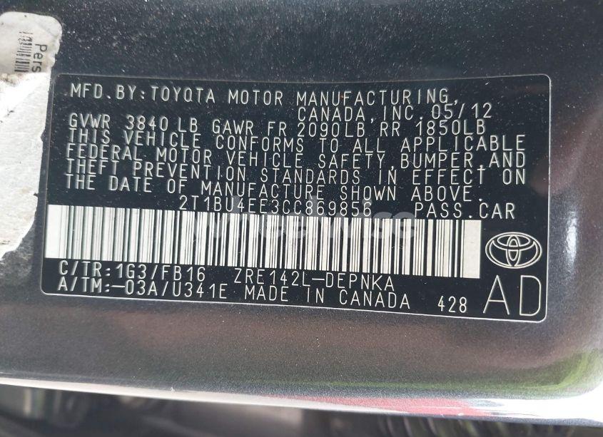 Photo 9 of 2012 Toyota Corolla LE (VIN 2T1BU4EE3CC869856)