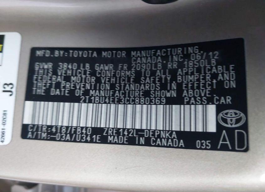 Photo 9 of 2012 Toyota Corolla LE (VIN 2T1BU4EE3CC880369)