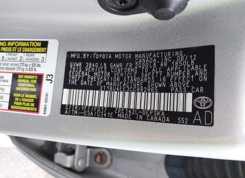 Photo 9 of 2012 Toyota Corolla S (VIN 2T1BU4EE3CC882865)