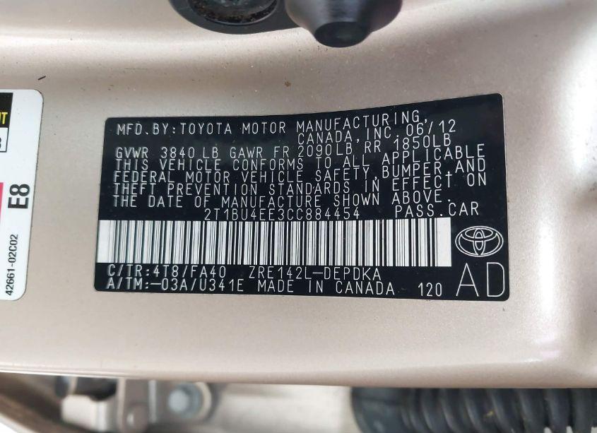 Photo 9 of 2012 Toyota Corolla L (VIN 2T1BU4EE3CC884454)