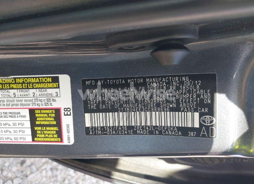 Photo 9 of 2012 Toyota Corolla L (VIN 2T1BU4EE3CC888696)