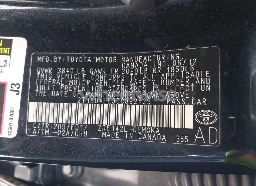 Photo 9 of 2012 Toyota Corolla S (VIN 2T1BU4EE3CC892425)