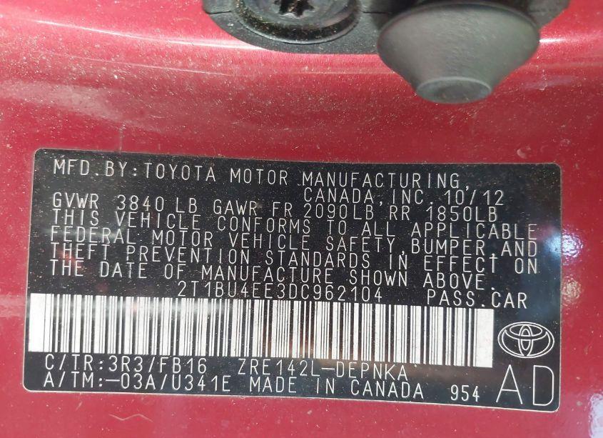 Photo 9 of 2013 Toyota Corolla LE (VIN 2T1BU4EE3DC962104)