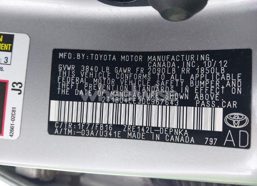 Photo 9 of 2013 Toyota Corolla LE (VIN 2T1BU4EE3DC967643)