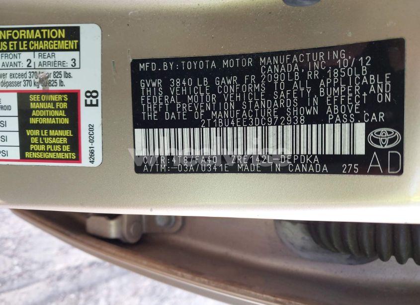 Photo 9 of 2013 Toyota Corolla L (VIN 2T1BU4EE3DC972938)