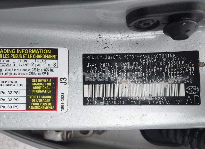 Photo 9 of 2010 Toyota Corolla S (VIN 2T1BU4EE4AC451755)