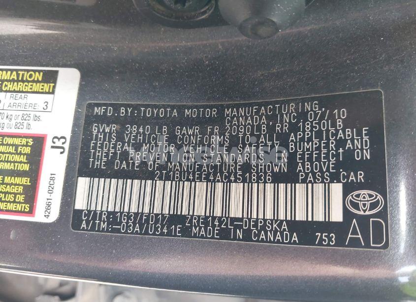 Photo 9 of 2010 Toyota Corolla S (VIN 2T1BU4EE4AC451836)