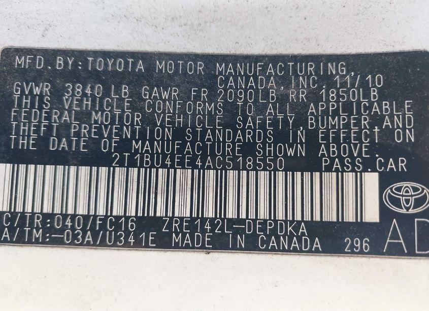 Photo 9 of 2010 Toyota Corolla LE (VIN 2T1BU4EE4AC518550)