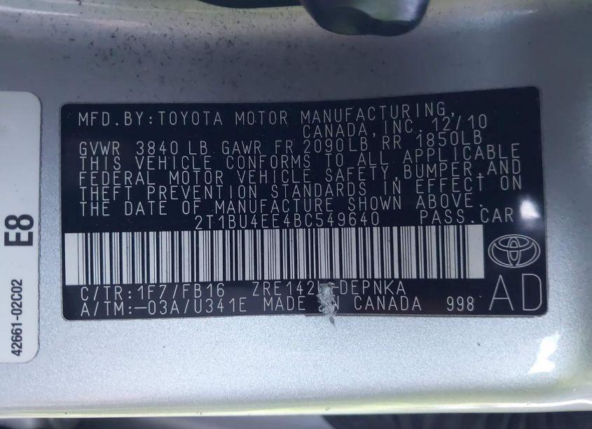 Photo 9 of 2011 Toyota Corolla LE (VIN 2T1BU4EE4BC549640)