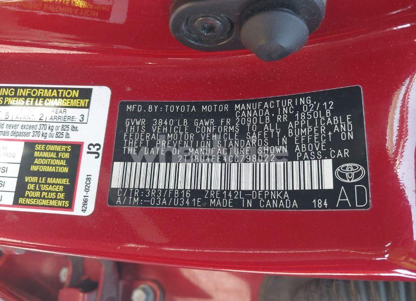 Photo 9 of 2012 Toyota Corolla LE (VIN 2T1BU4EE4CC798022)