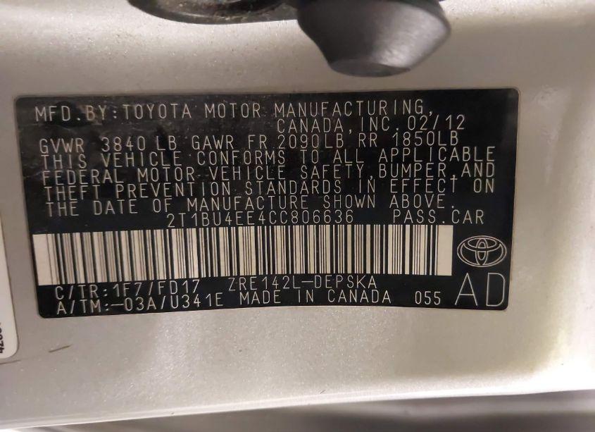 Photo 9 of 2012 Toyota Corolla S (VIN 2T1BU4EE4CC806636)