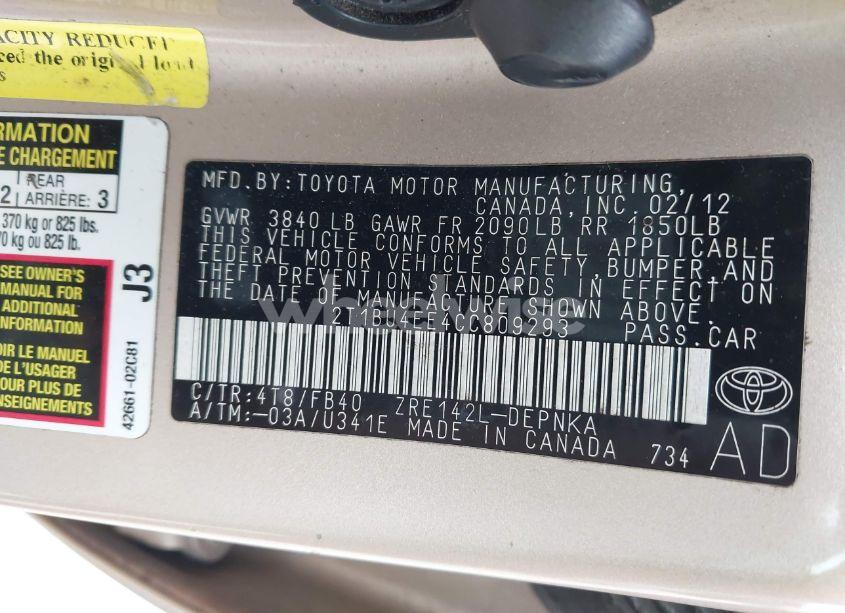 Photo 9 of 2012 Toyota Corolla LE (VIN 2T1BU4EE4CC809293)