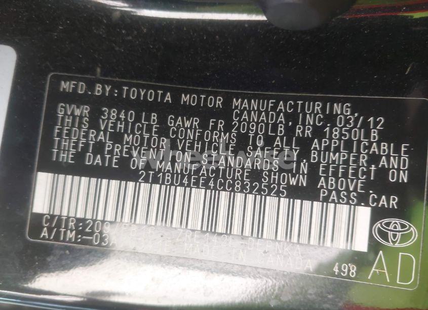 Photo 9 of 2012 Toyota Corolla LE (VIN 2T1BU4EE4CC832525)