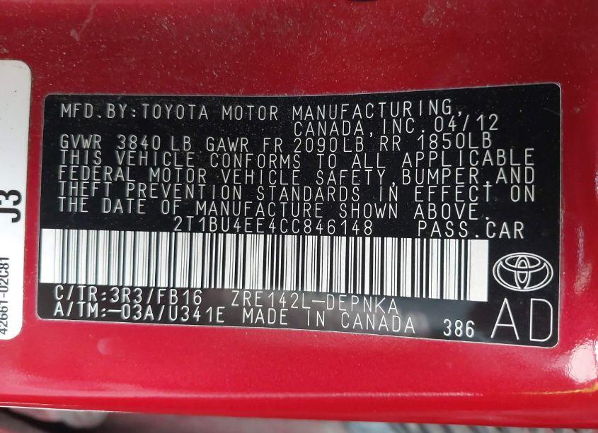 Photo 9 of 2012 Toyota Corolla LE (VIN 2T1BU4EE4CC846148)