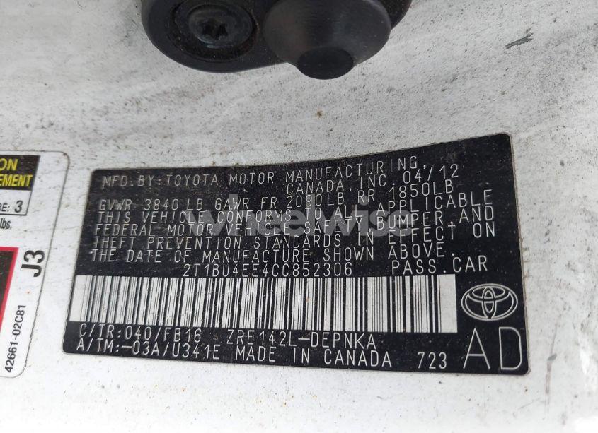 Photo 9 of 2012 Toyota Corolla LE (VIN 2T1BU4EE4CC852306)