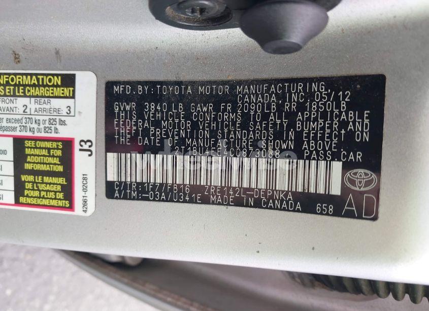 Photo 9 of 2012 Toyota Corolla LE (VIN 2T1BU4EE4CC873088)