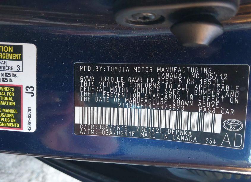 Photo 9 of 2012 Toyota Corolla LE (VIN 2T1BU4EE4CC873673)