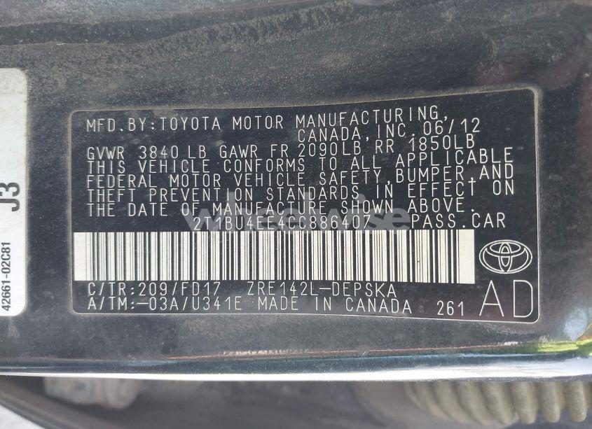 Photo 9 of 2012 Toyota Corolla S (VIN 2T1BU4EE4CC886407)