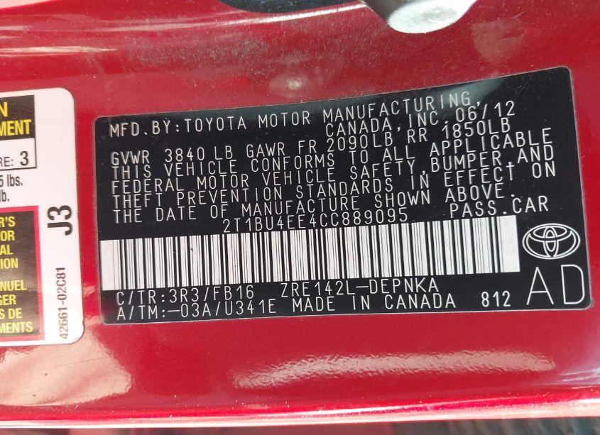 Photo 9 of 2012 Toyota Corolla LE (VIN 2T1BU4EE4CC889095)